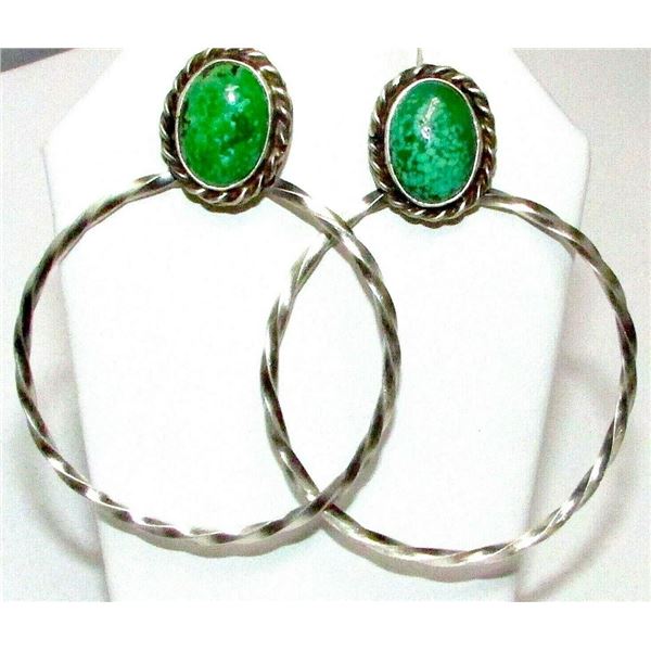Navajo Royston Turquoise Hoop Earrings Sterling Silver