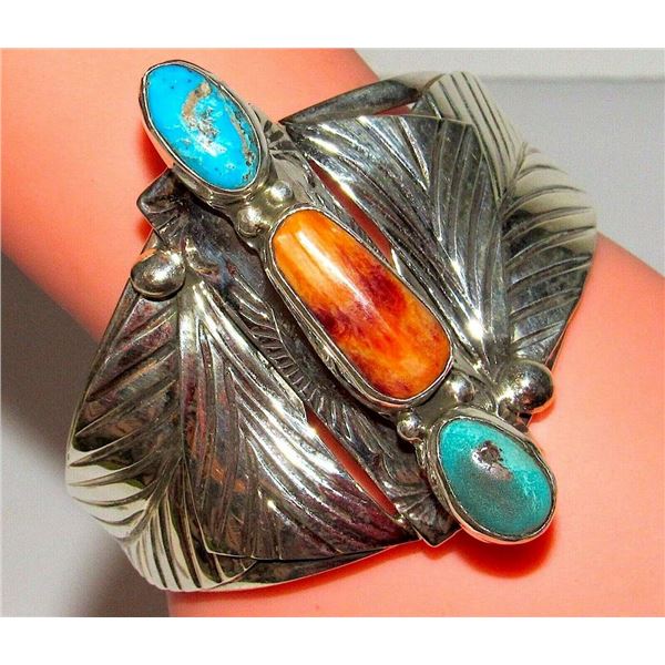 Navajo Adam Fierro Turquoise Spiny Oyster Sterling Cuff