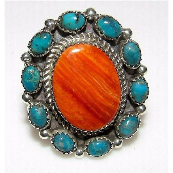 Navajo Kingman Turquoise Orange Spiny Cluster Ring Sz 8