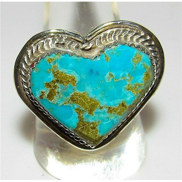 Navajo Kingman Turquoise Heart Ring Sz 9 Sterling