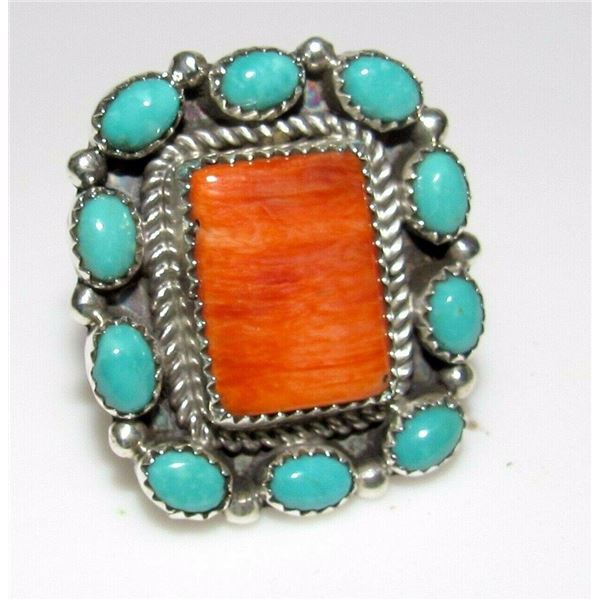 Navajo Royston Turquoise Orange Spiny Cluster Ring Sz 8