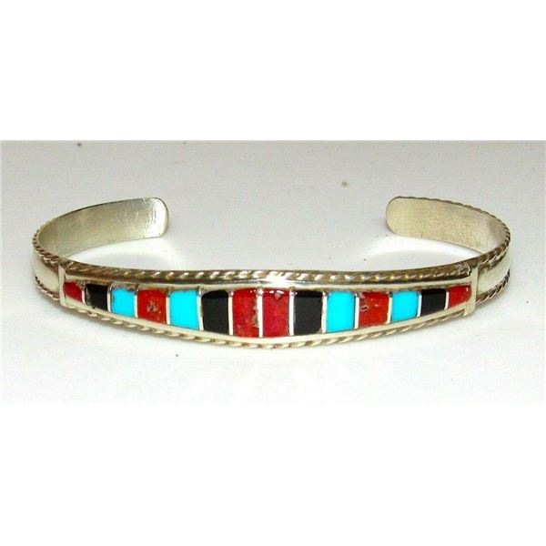 Zuni Inlay Bracelet Turquoise Coral Jet Sterling Cuff