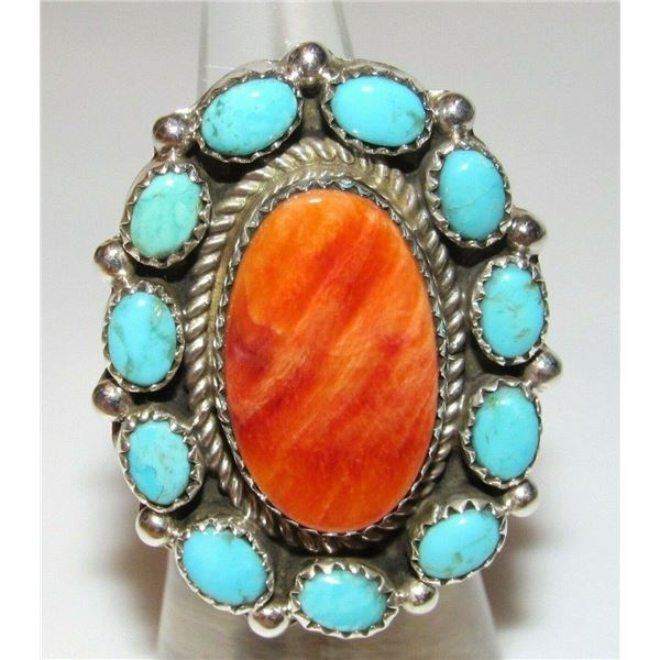 Navajo Royston Turquoise Orange Spiny Cluster Ring Sz 6
