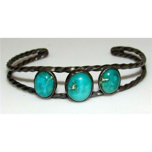 Old Pawn Navajo Turquoise Row Cuff Bracelet Sterling