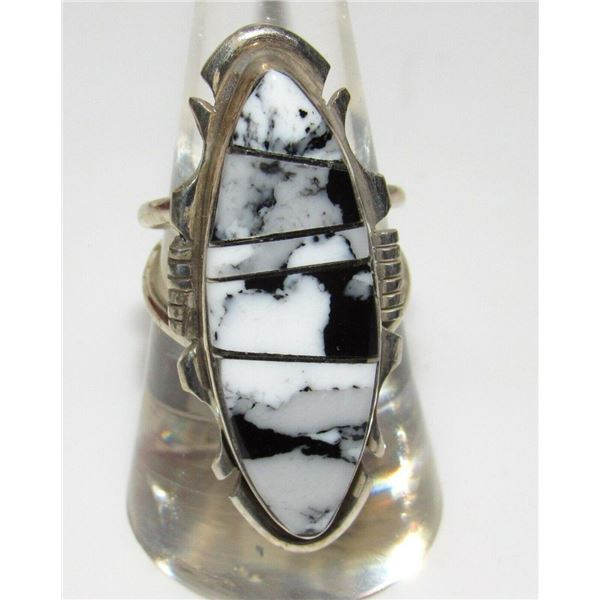 Navajo White Buffalo Inlay Ring Size 8 Sterling Silver