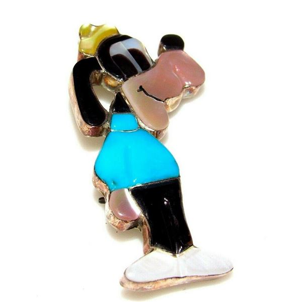 Zuni GOOFY Sterling Inlay Pin Pendant Zuni Toons Native