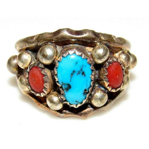 VTG Navajo Ring Size 10 Sterling Silver Turquoise Coral