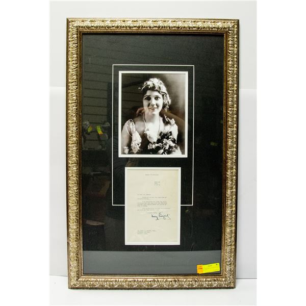 MARY PICKFORD SIGNED LETTER & PIC FRAMED