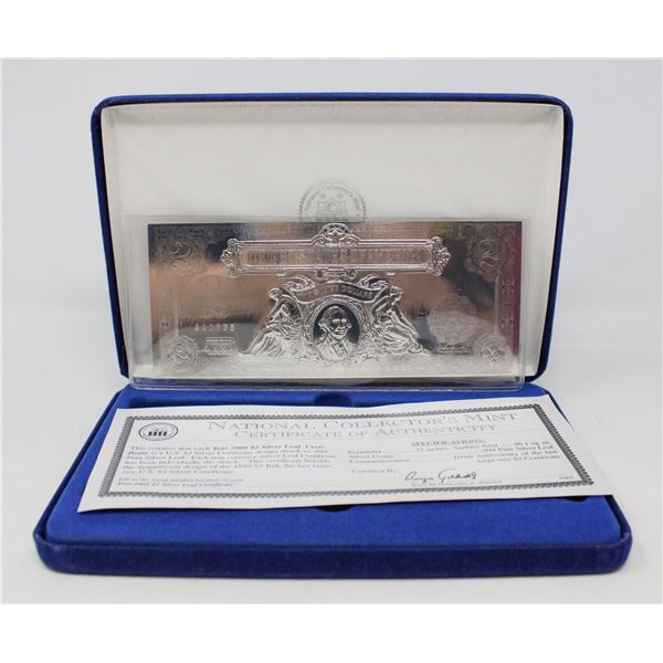 .999 PURE SILVER LEAF US $2 BILL WITH COA IN CASE