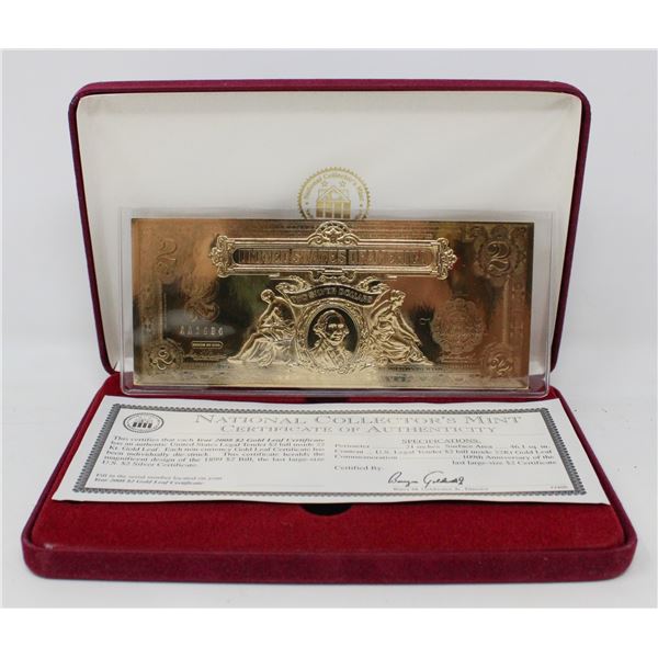 22K GOLD PLATED US $2 BILL WITH COA IN CASE