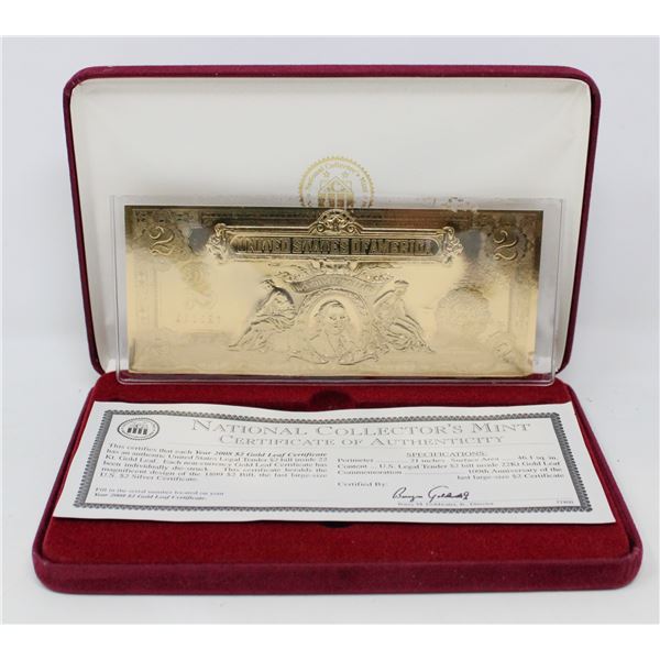 22K GOLD PLATED US $2 BILL WITH COA IN CASE