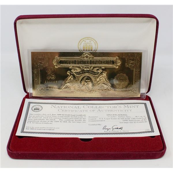 22K GOLD PLATED US $2 BILL WITH COA IN CASE