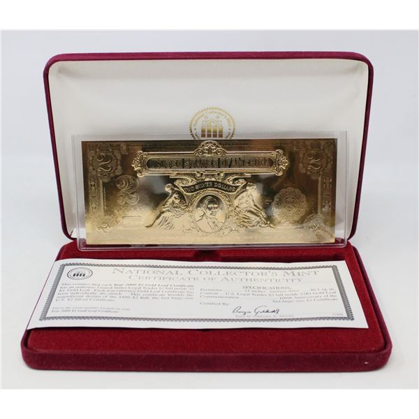 22K GOLD PLATED US $2 BILL WITH COA IN CASE