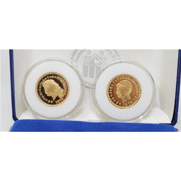 TWO 1879 US COIN REPLICAS IN 22K GOLD PLATE