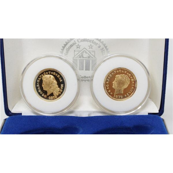 PAIR 1879 24K GOLD PLATED COINS COPY NATIONAL