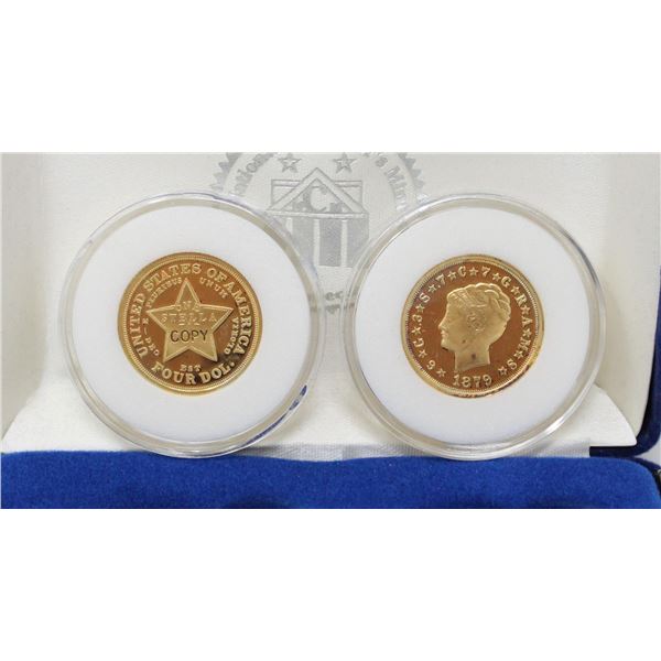TWO 1879 US COIN REPLICAS IN 22K GOLD PLATE