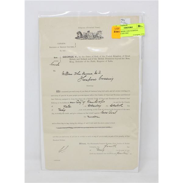 1914 MURDER CASE SUBPENA COURT CASE DOC