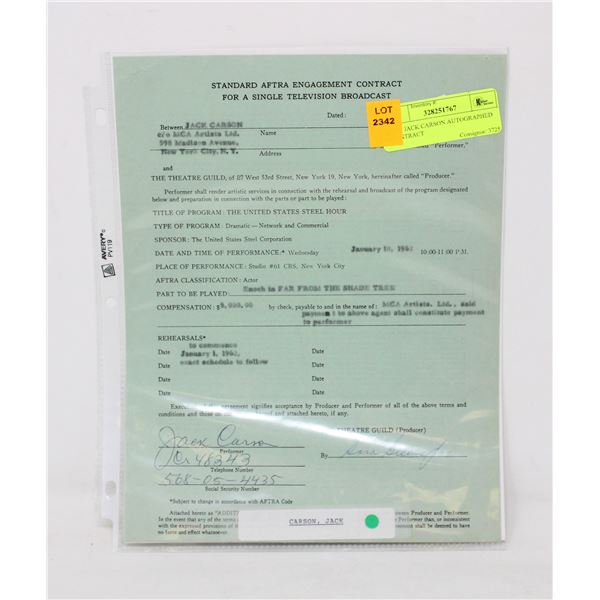 1962 JACK CARSON AUTOGRAPHED CONTRACT