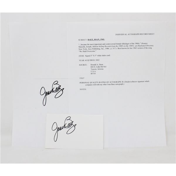 JOAN BAEZ AUTOGRAPHED CARD WITH PAPERS