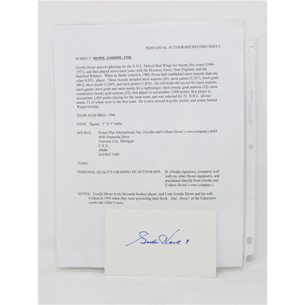 GORDIE HOWE AUTOGRAPHED CARD W PAPERS
