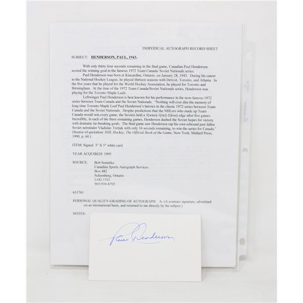 PAUL HENDERSON AUTOGRAPHED CARD W PAPERS