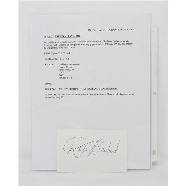 DAVE BRUBECK JAZZ MUSICIAN AUTOGRAPHED CARD