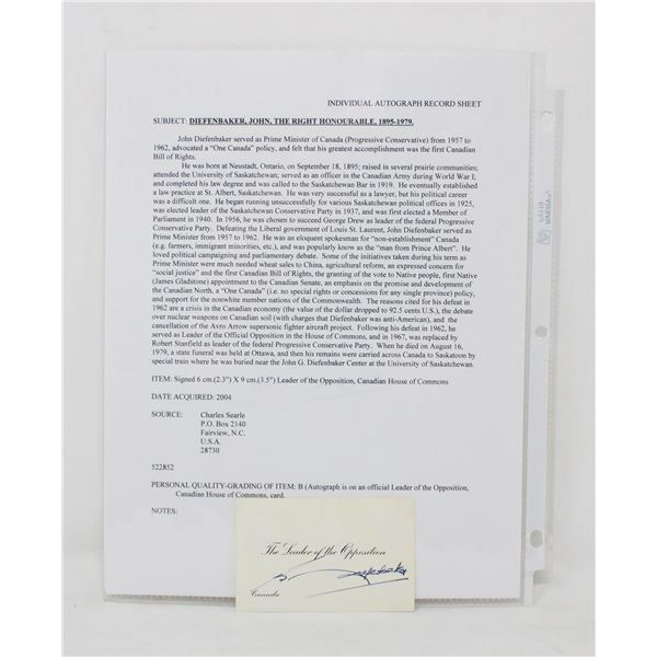 JOHN DIEFENBAKER AUTOGRAPHED OPPOSITION CARD