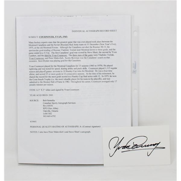YVAN COURNOYER AUTOGRAPHED CARD NHL