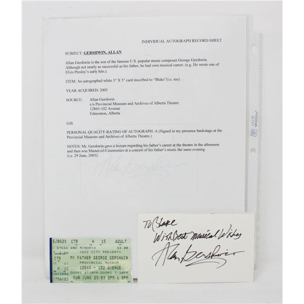 GERSHWIN AUTOGRAPHED CARD WITH TICKET STUB