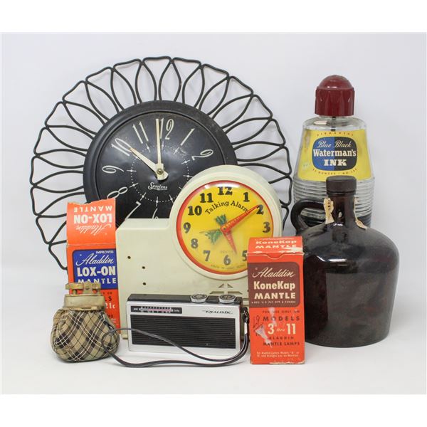 BOX OF ASSORTED VINTAGE COLLECTIBLES CLOCKS