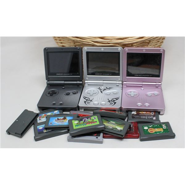 LOT OF 3 GAMEBOY ADVANCE SP SYSTEMS WITH MANY