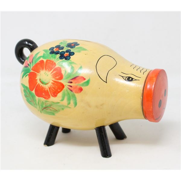 FOLK ART HAND PAINTED WOOD PIGGY BANK