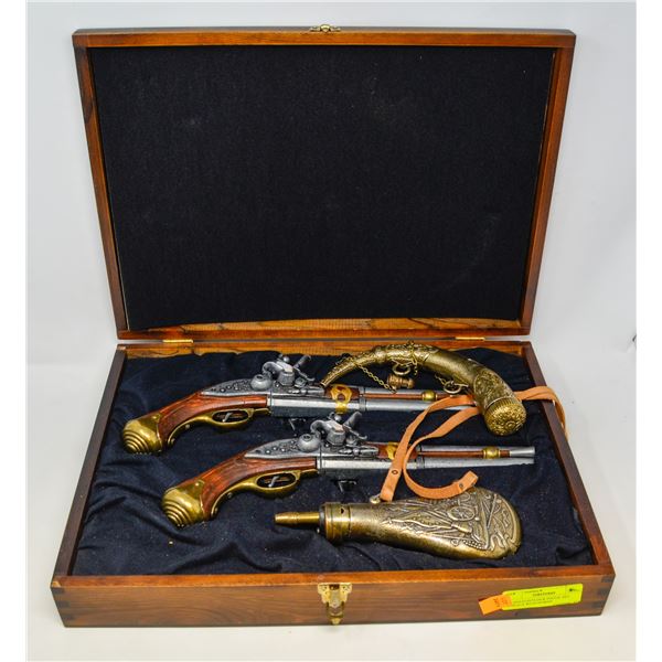 CASED FLINTLOCK PISTOL SET REPLICA WITH HORNS