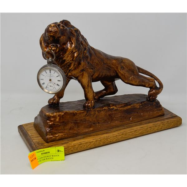 ANTIQUE LION POCKET WATCH STAND W SILVER WATCH