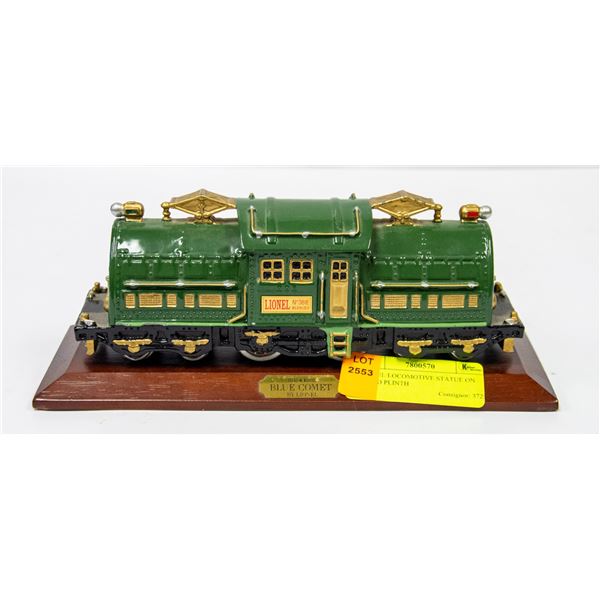 LIONEL LOCOMOTIVE STATUE ON WOOD PLINTH