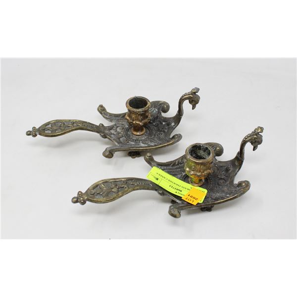PAIR OF BRASS PHOENIX CANDLE HOLDERS