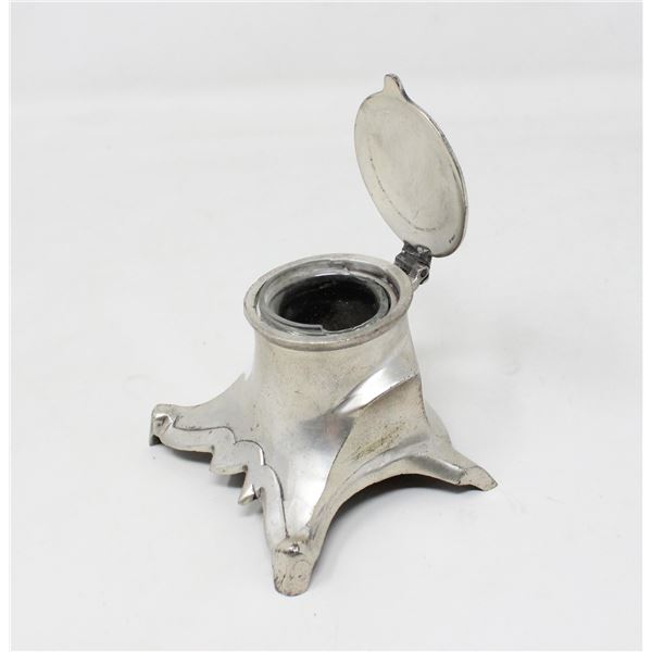 ANTIQUE SILVER TONED INKWELL WITH PEN