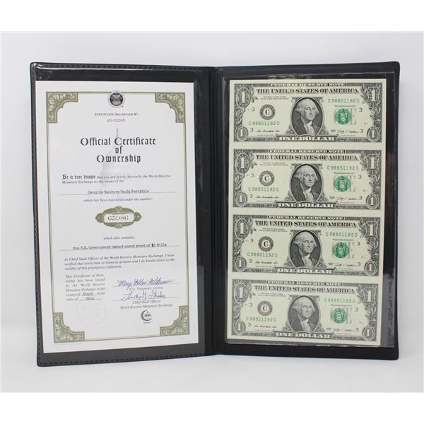 BOOK WITH 4 UNCUT US $1 BILLS WITH COA