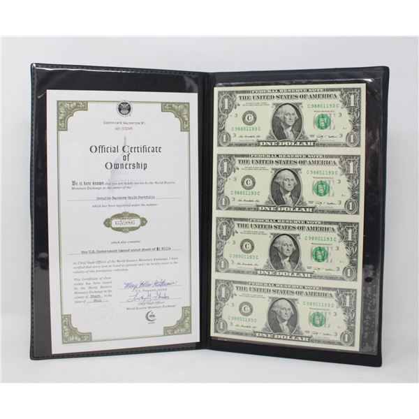 BOOK WITH 4 UNCUT US $1 BILLS WITH COA