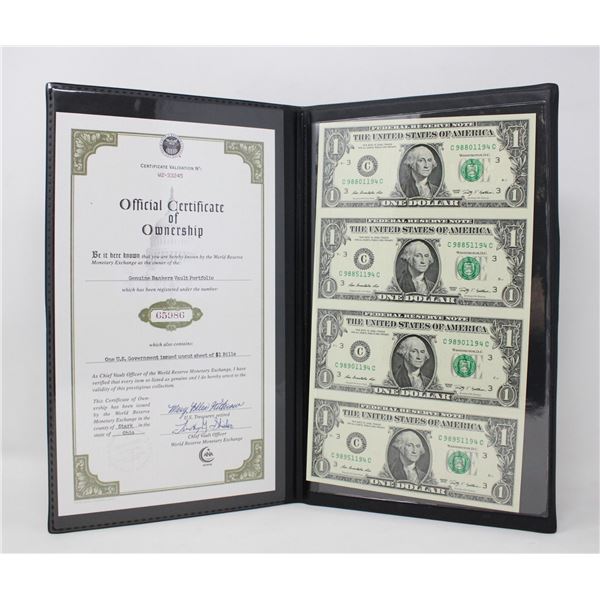 BOOK WITH 4 UNCUT US $1 BILLS WITH COA