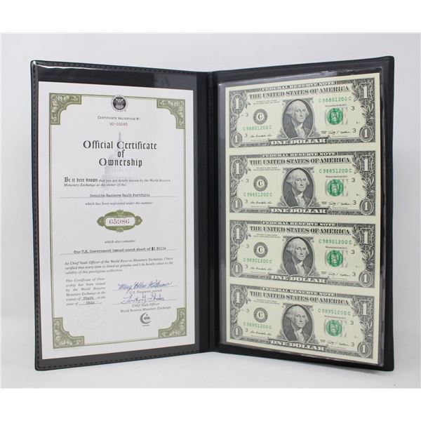 BOOK WITH 4 UNCUT US $1 BILLS WITH COA