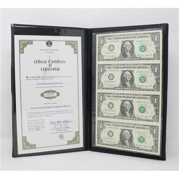 BOOK WITH 4 UNCUT US $1 BILLS WITH COA