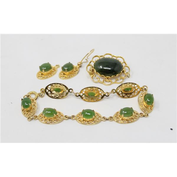 GOLD TONE W GREEN INSET BRACELET EARRINGS MORE