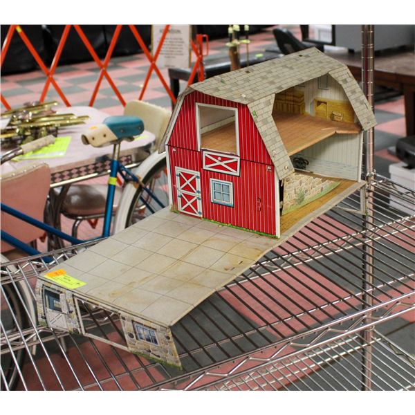 ANTIQUE TIN TOY BARN WITH ACCESSORIES
