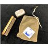 Image 1 : Four items from World War II Soldier's Kit - Boeckh 1942 shoe polish brush/ burlap bag/ Williams Mug