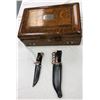 Image 2 : Lot of 2 Stainless Steel Hunting Knives (approx. 9in & 11in) with Sheaths & One Wooden Box (18in x 1