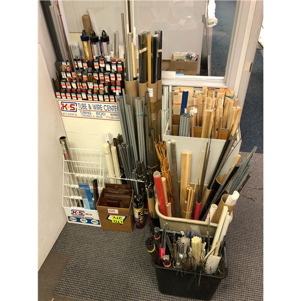 Large lot of K & S Tubing, rods, bars, including plastic, wood dowels and balsa wood.