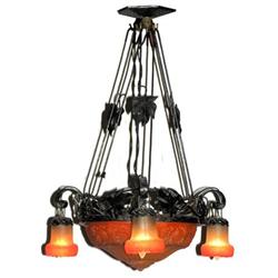 Art Nouveau Wrought Iron & Glass Chandelier #2381929