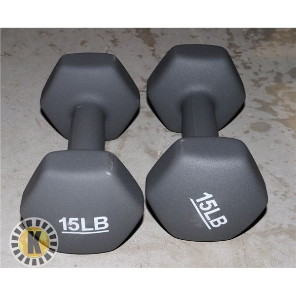 TWO 15 POUND DUMBBELLS