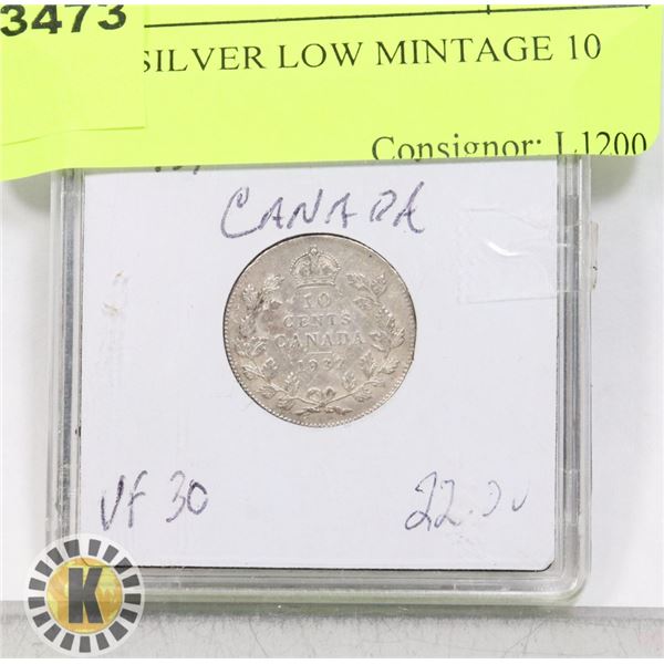 1932 CANADIAN 10 CENT (80% SILVER) VF30